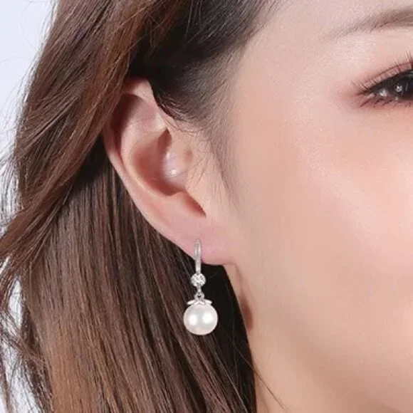 Fine 925 Sterling Silver Luxury Crystal Zircon Pearl Earrings - Picture 5 of 5